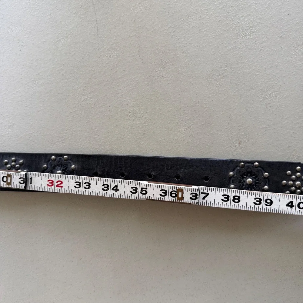 Brighton Women's 36 Black Leather Peace Sign Buckle Studded Belt Boho Hippie Y2K